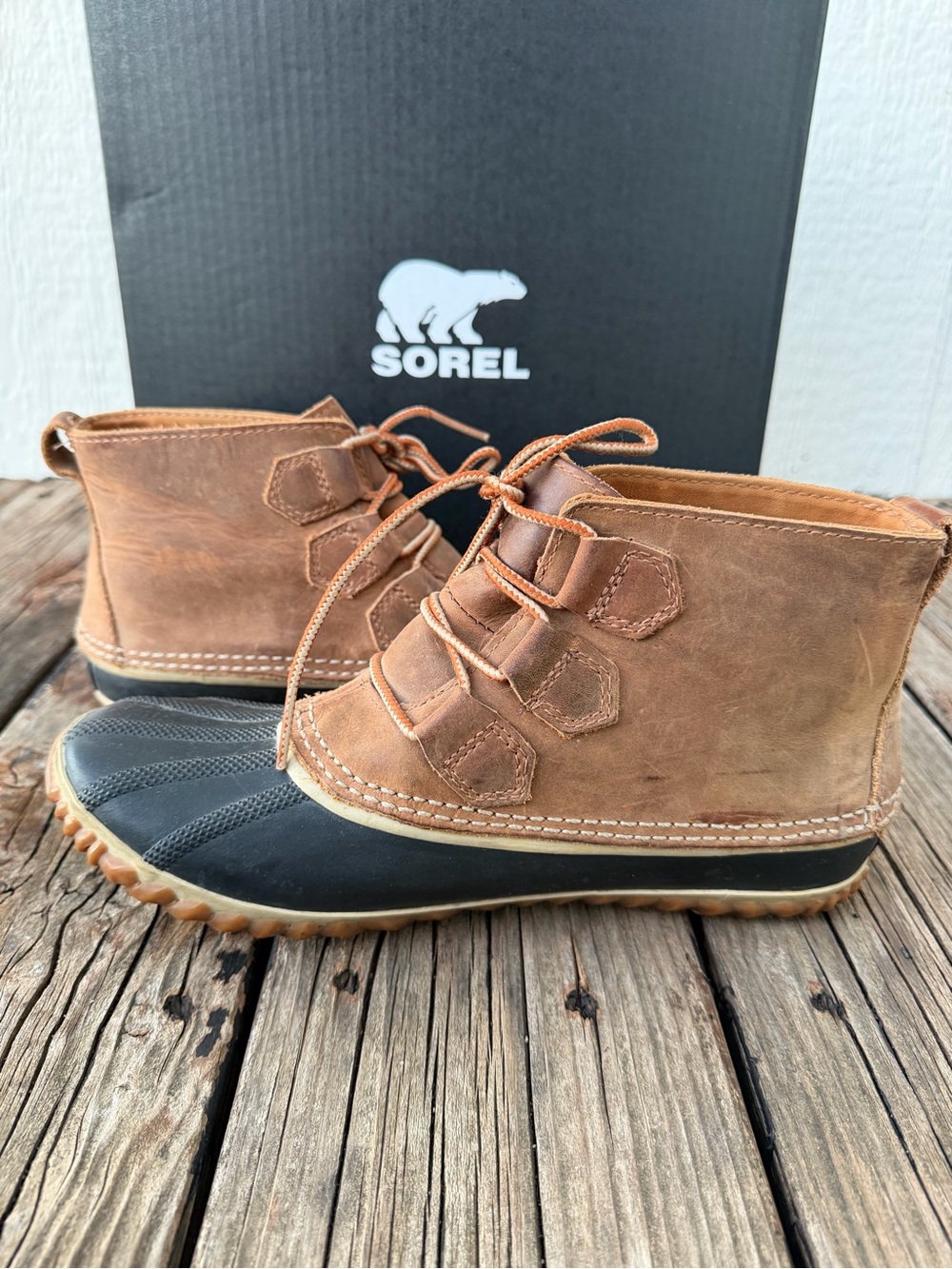 Sorel Women’s Out and About Brown Leather Lace-Up Duck Boots 9